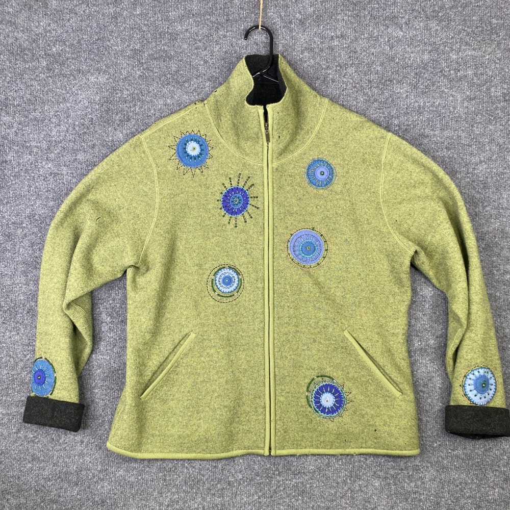 Icelandic Design Women Green Wool Blend Beaded Embroidered Zip Up Jacket Large